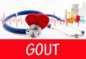 The diagnosis of gout. Phonendoscope and vaccine with drugs. Medical concept.