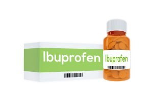 3D illustration of "Ibuprofen" title on pill bottle isolated on white.