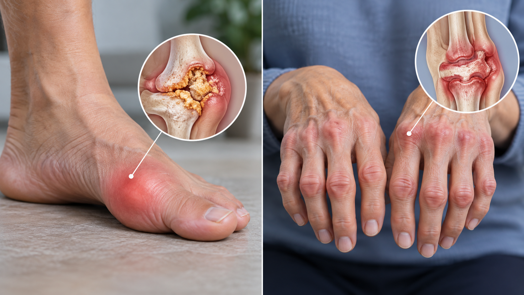 Comparison of gout affecting the foot and rheumatoid arthritis affecting multiple hand joints.