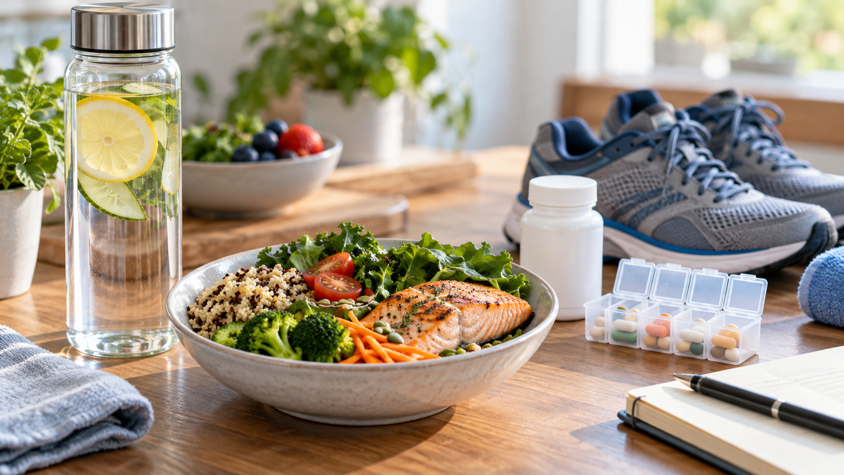 Healthy lifestyle items including water medication balanced food and walking shoes used to help prevent future gout attacks.