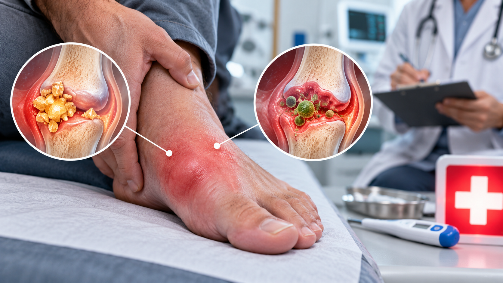 Inflamed foot with illustrations comparing gout crystals and joint infection as possible causes of a red hot joint.