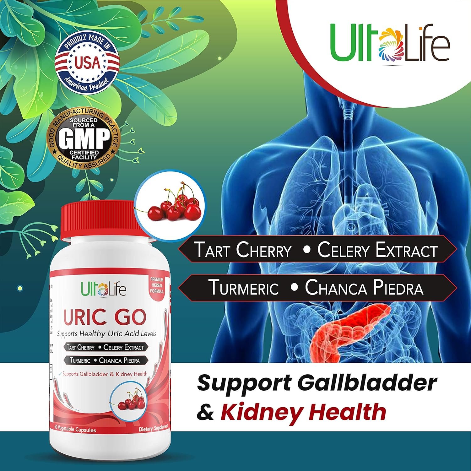 #1 URIC GO Uric Acid Cleanse Support Supplement for G.O.U.T - Natural Kidney Cleanse Detox Formula Chanca Piedra, Celery Seed, Tart Cherry, Cranberry, Pomegranate, Turmeric, Vegan Non-GMO 60 Capsules