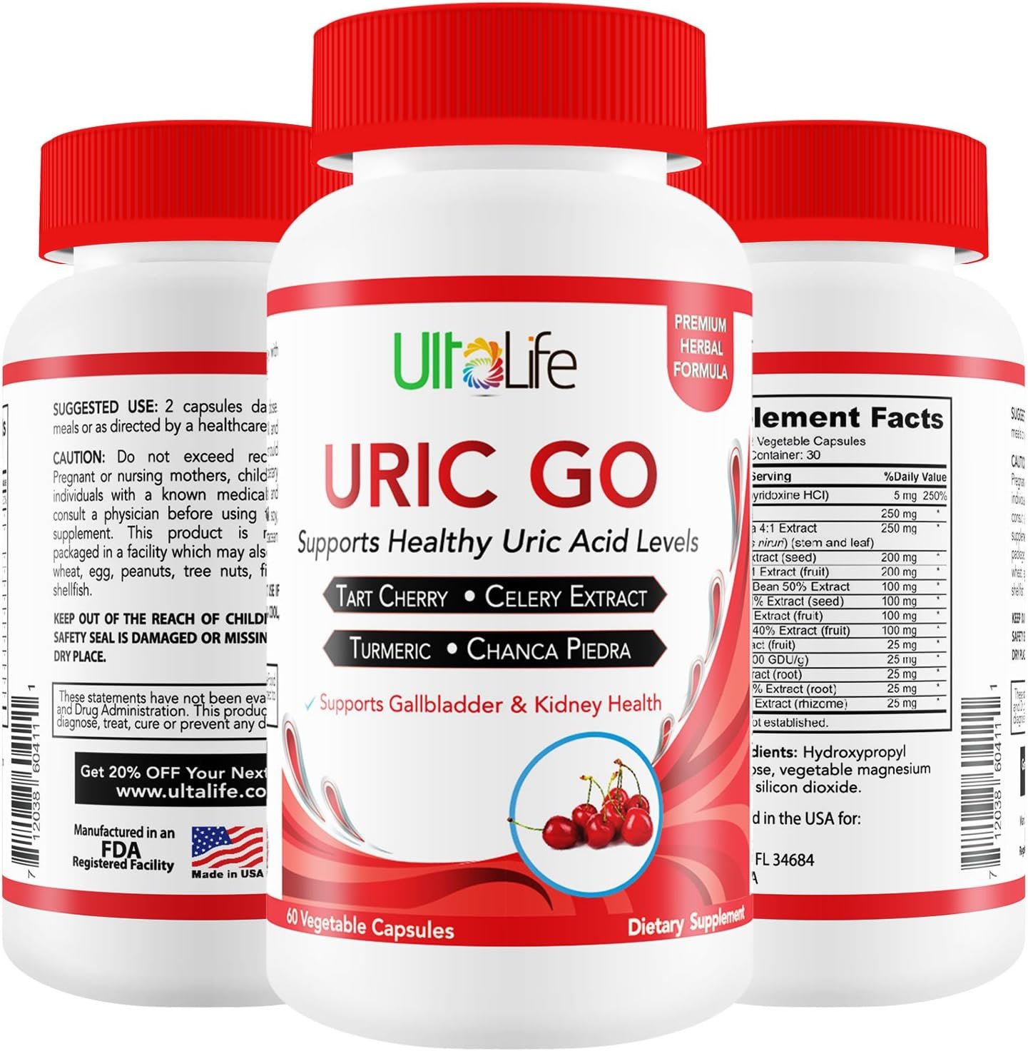 #1 URIC GO Uric Acid Cleanse Support Supplement for G.O.U.T - Natural Kidney Cleanse Detox Formula Chanca Piedra, Celery Seed, Tart Cherry, Cranberry, Pomegranate, Turmeric, Vegan Non-GMO 60 Capsules