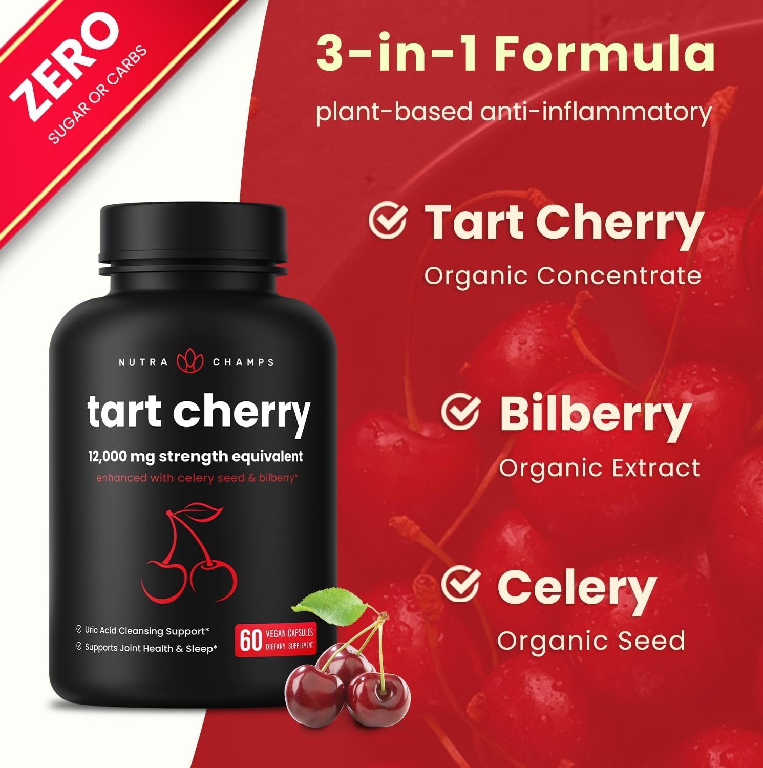 Organic Tart Cherry Extract Capsules | Tart Cherry Supplement with Bilberry Fruit  Celery Seed | 1200mg Premium Uric Acid Cleanse for Joint Support  Muscle Recovery | 60 Vegan Tart Cherry Capsules