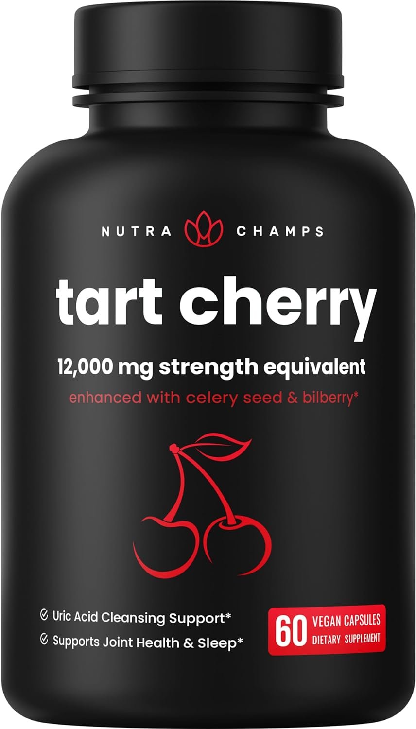 Organic Tart Cherry Extract Capsules | Tart Cherry Supplement with Bilberry Fruit  Celery Seed | 1200mg Premium Uric Acid Cleanse for Joint Support  Muscle Recovery | 60 Vegan Tart Cherry Capsules