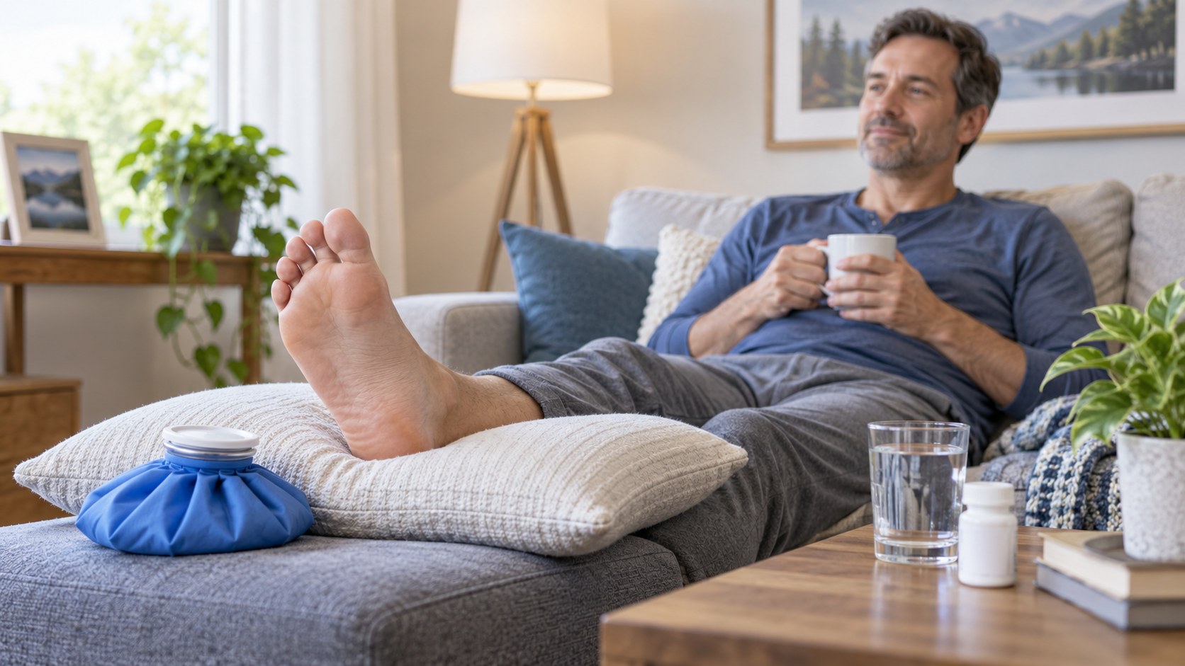 Person resting with an elevated foot and cold pack during a gout flare.