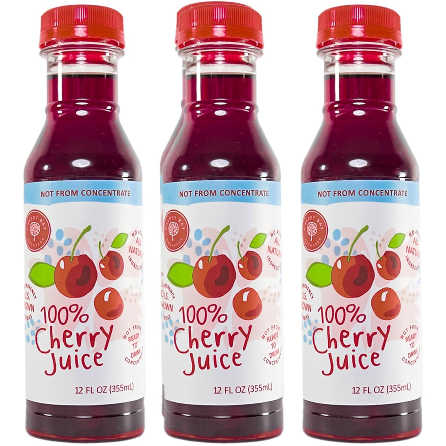 Cherry Bay Orchards Montmorency Tart Cherry Juice - (3 pack - 12oz Bottles) - 100% Domestic, All Natural Ingredients, No Added Sugar, Gluten-Free, GMO Free - 100% Vegetarian and Vegan