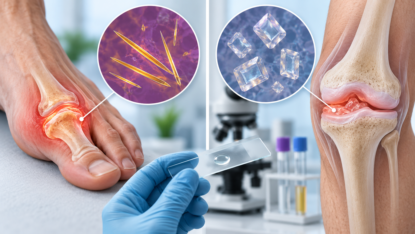 Medical illustration comparing needle-shaped gout crystals with differently shaped pseudogout crystals in joints.