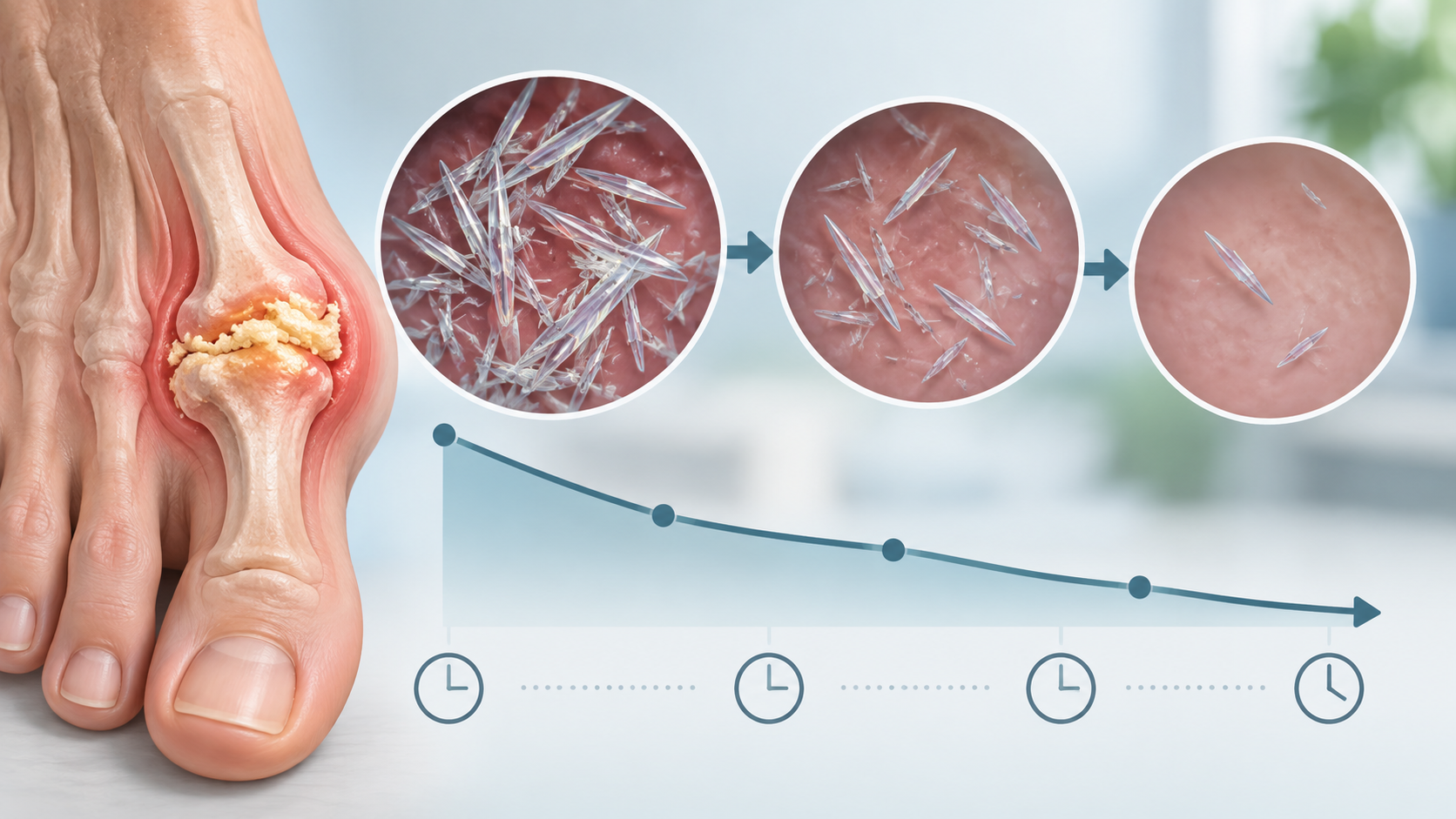Illustration showing urate crystals gradually decreasing over time as gout is treated.