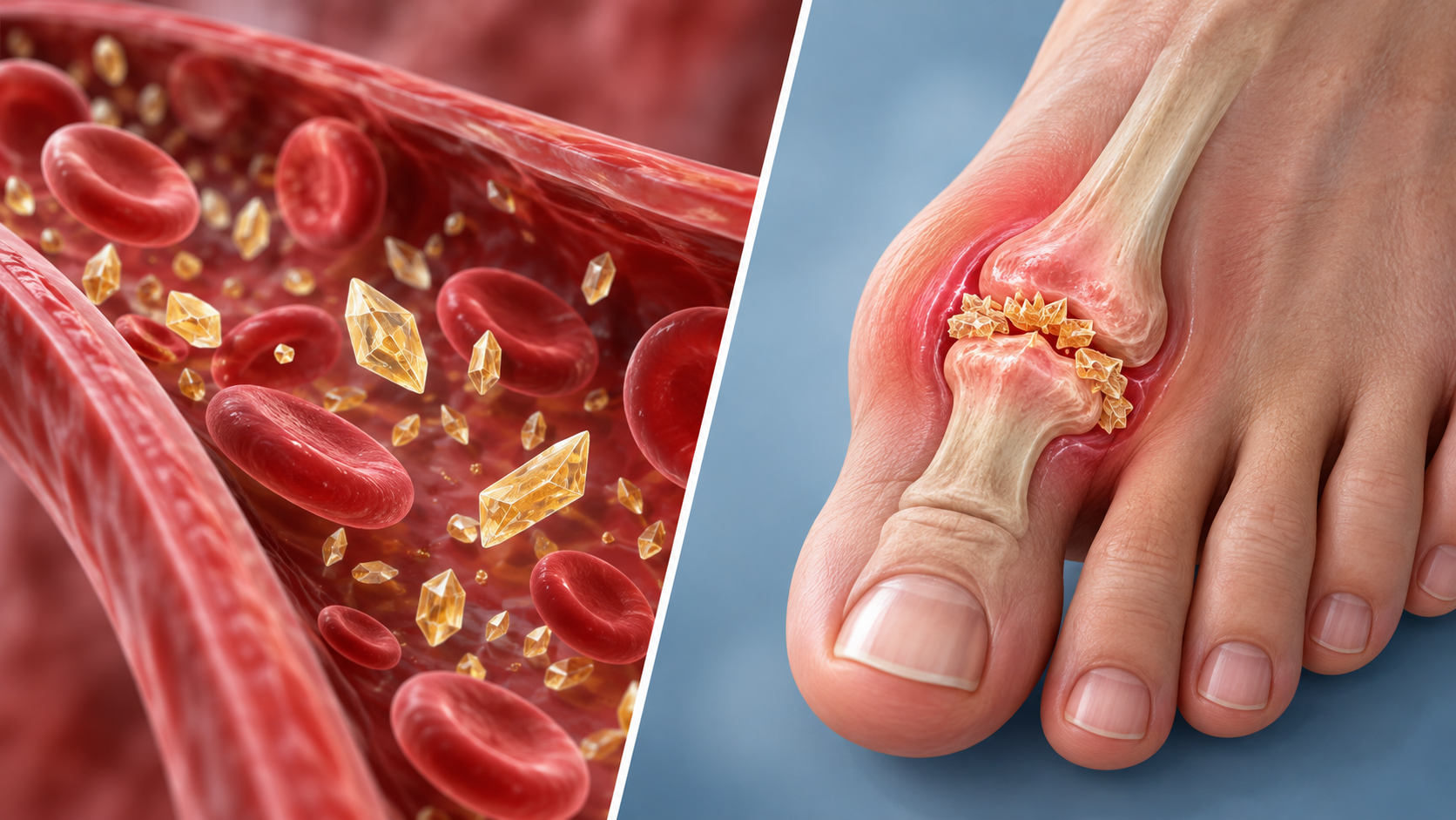 Illustration comparing high uric acid in the blood with uric acid crystals causing gout in a joint.