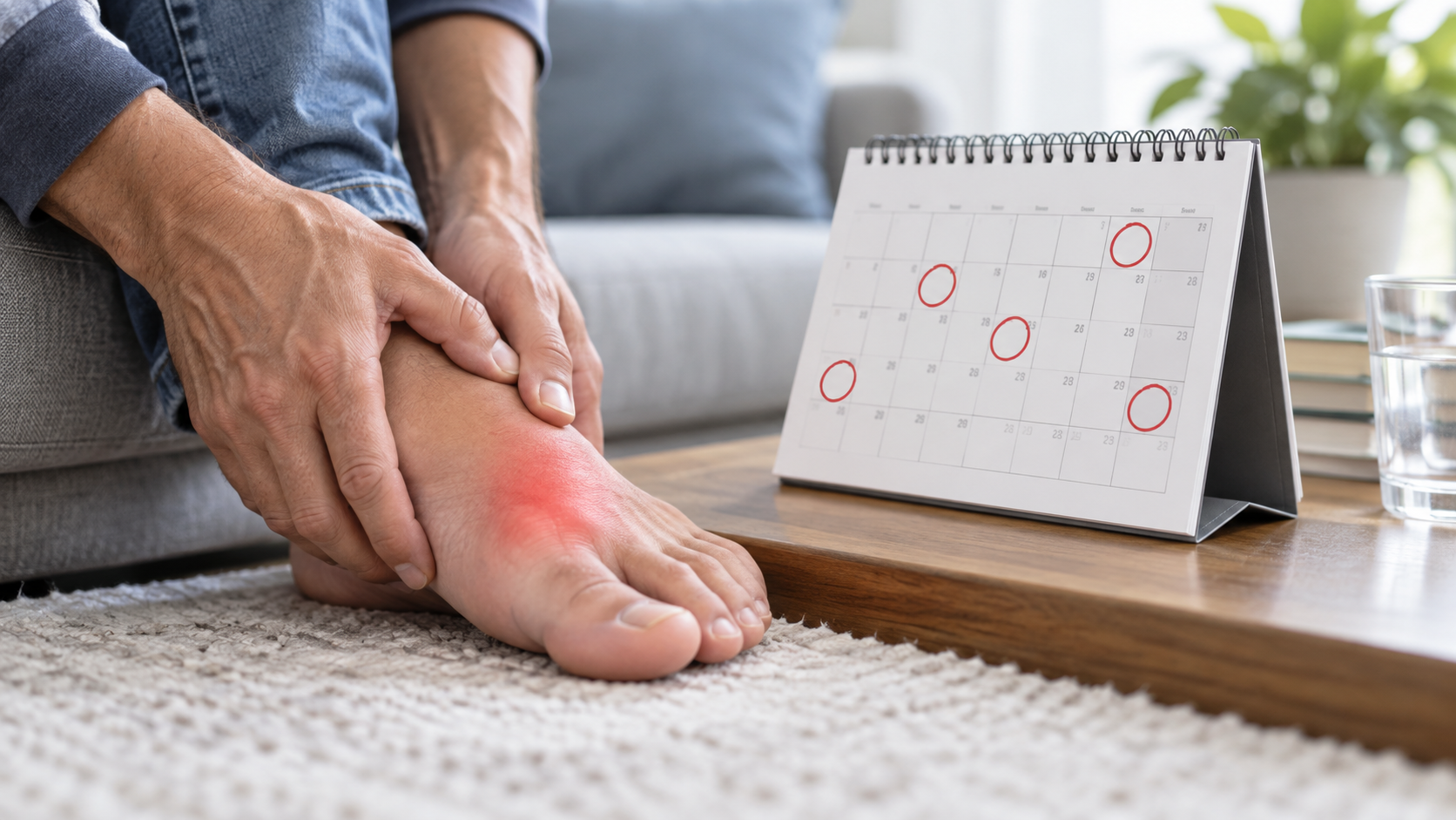 Person holding a painful foot beside a calendar marked with recurring gout flare dates.