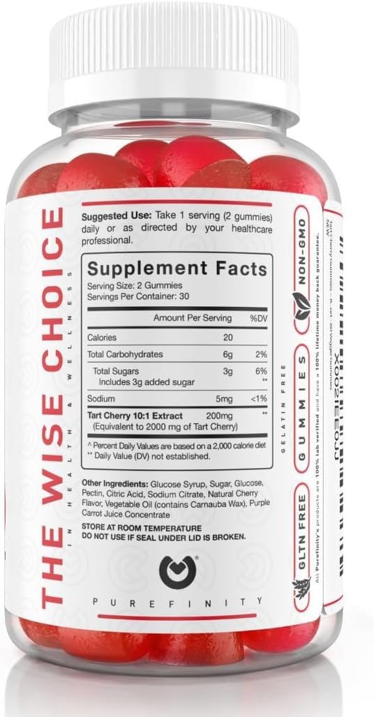 PUREFINITY Tart Cherry Gummies – Uric Acid Flush for Joint Relief  Recovery, Raw Juice Extract Antioxidant – Non-GMO, Gluten Free, Vegan, 60 Count