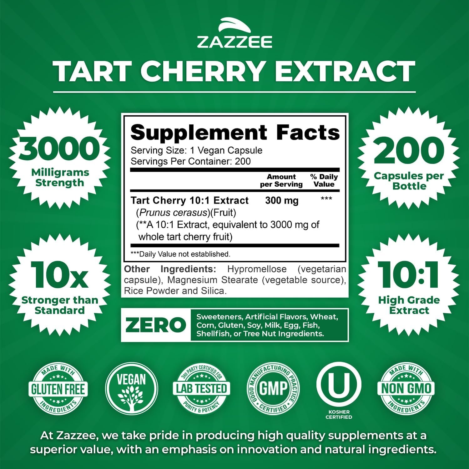 Zazzee Tart Cherry 10:1 Extract, 3000 mg Strength, 200 Vegan Capsules, 6+ Month Supply, Certified Kosher, Concentrated and Standardized 10X Extract, 100% Vegetarian, All-Natural, Gluten Free, Non-GMO Zazzee Tart Cherry 10:1 Extract, 3000 mg Strength, 200 Vegan Capsules, 6+ Month Supply, Certified Kosher, Concentrated and Standardized 10X Extract, 100% Vegetarian, All-Natural, Gluten Free, Non-GMO