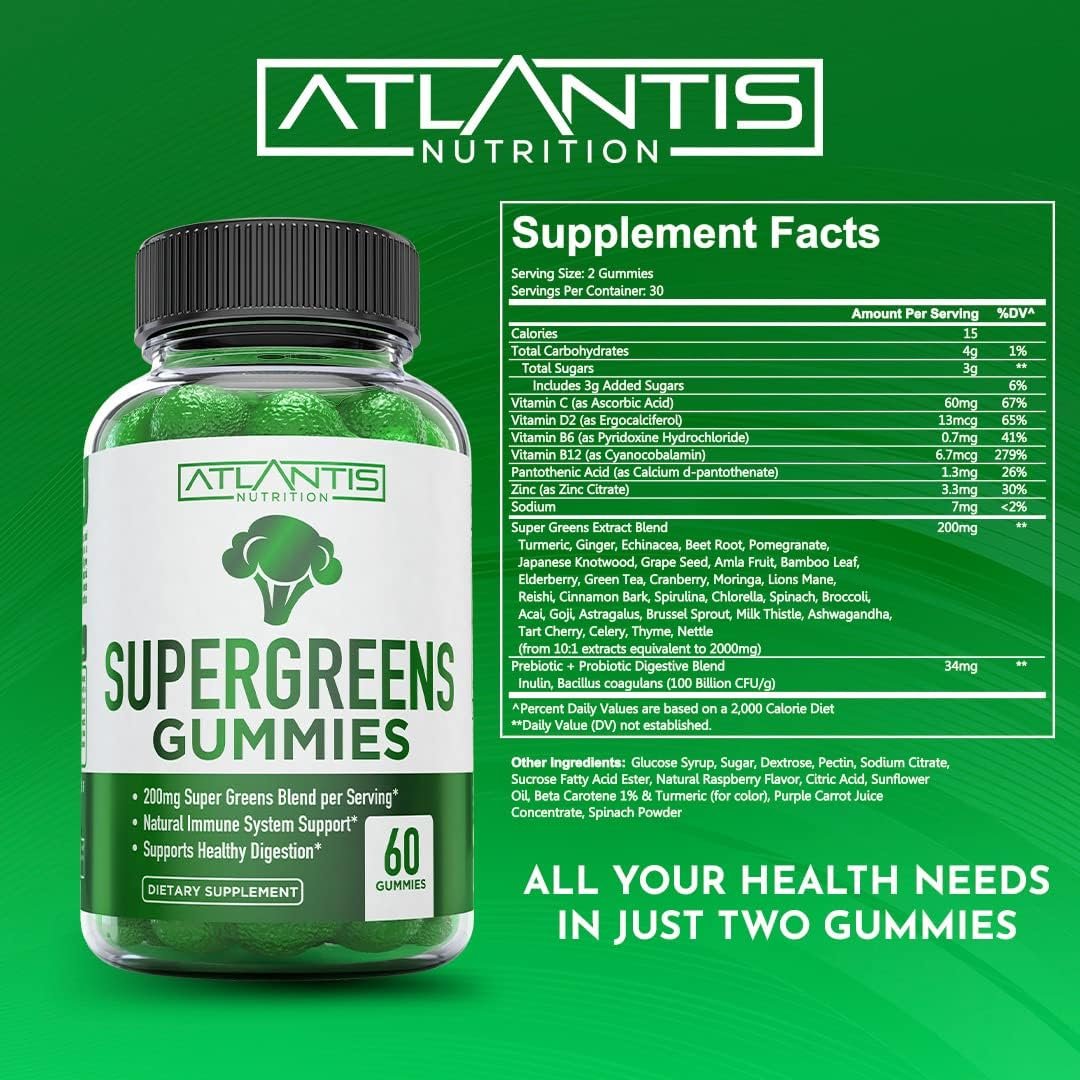 Atlantis Nutrition 60 Tart Cherry Gummies + 60 Supergreens Gummies.