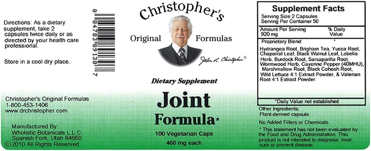 Christophers Original Formulas Joint Formula – 100 Vegetarian Capsules – Synergistic Herbal Blend for Joint Support – Made in The USA
