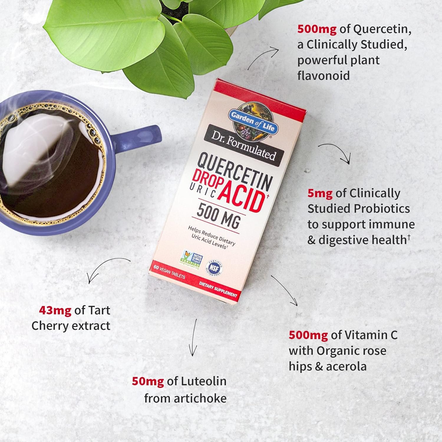 Garden of Life Quercetin Probiotic  Uric Acid Support with Tart Cherry, Vitamin C from Organic Acerola and Rose HIPS Plus Luteolin â€“ Dr Formulated â€“ Gluten Free and Non GMO â€“ 60 Tablets