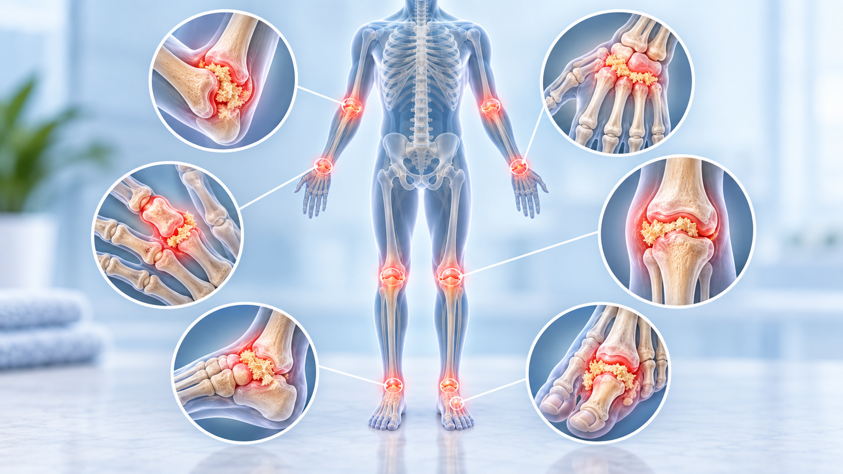 Body illustration highlighting joints where gout can occur, including feet, ankles, knees, hands, wrists, and elbows.