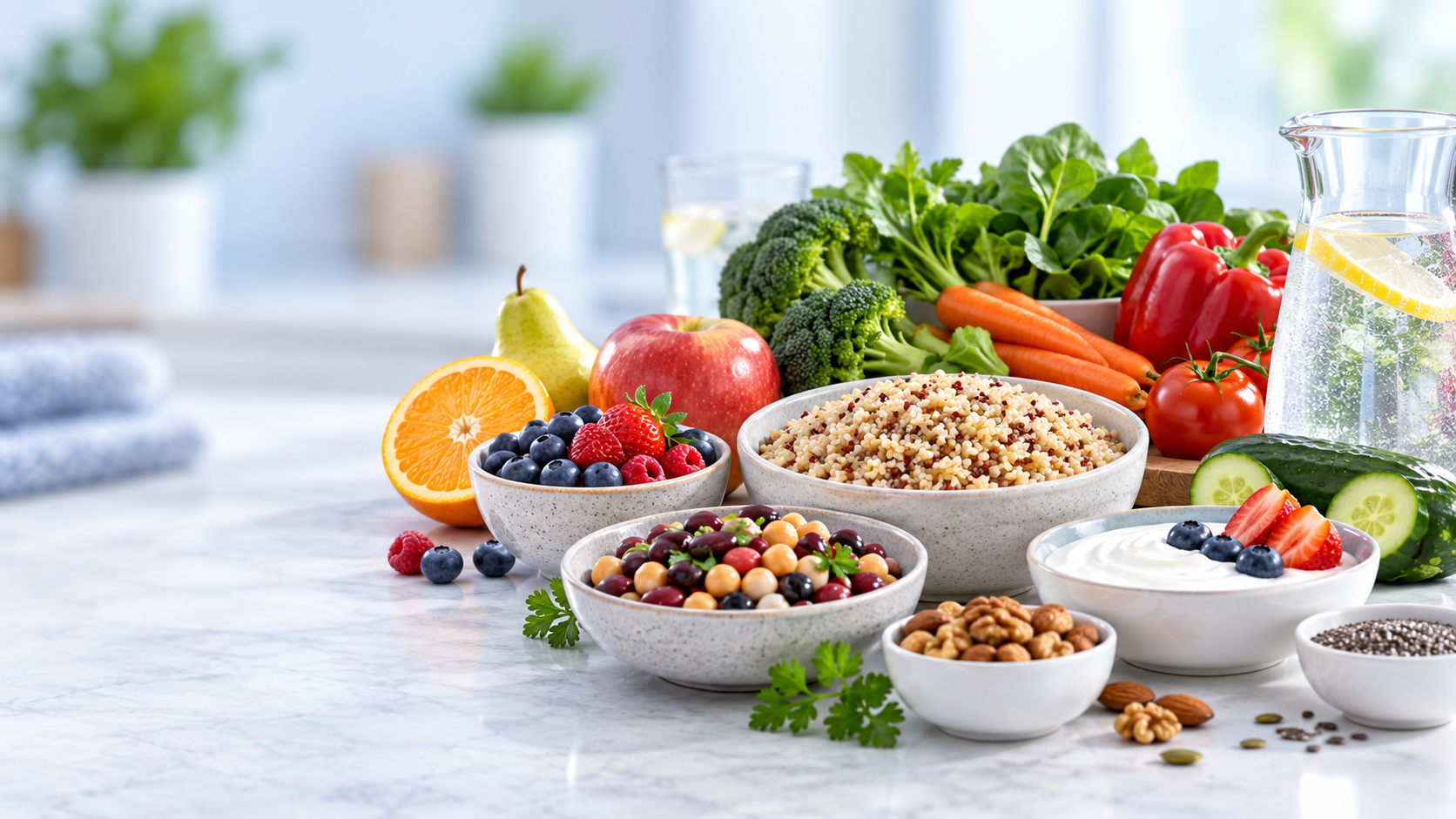 Coffee yogurt vegetables beans and fruit arranged as foods that may help with gout management.