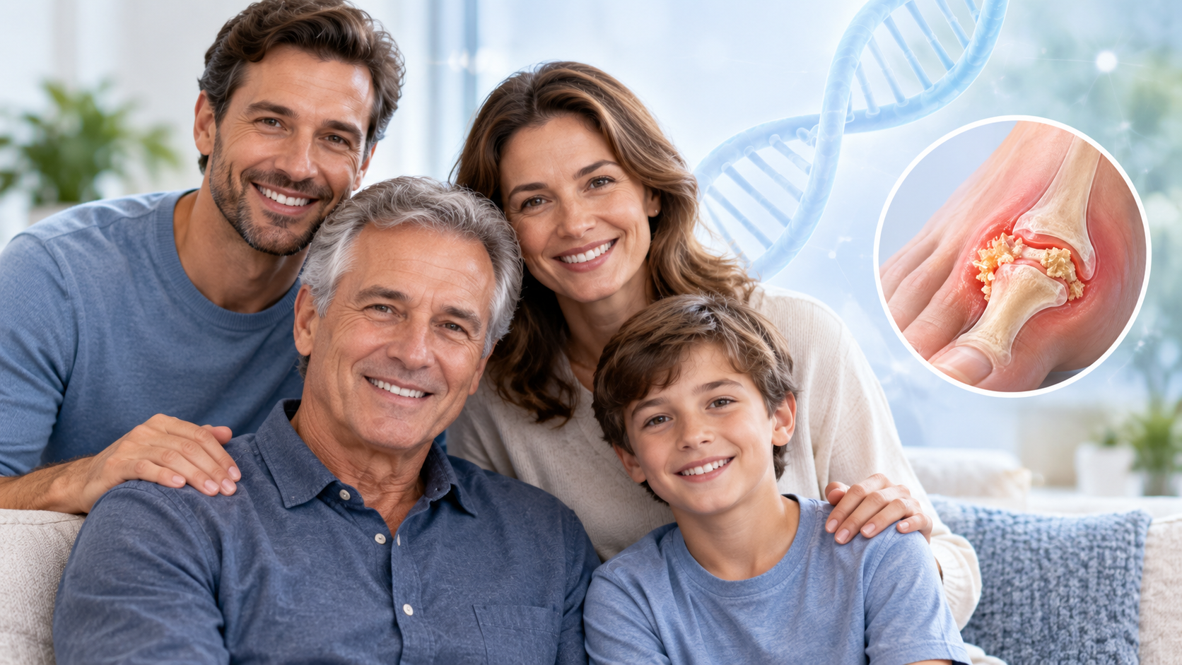 Multigenerational family with a DNA graphic illustrating genetics and family history in gout risk.