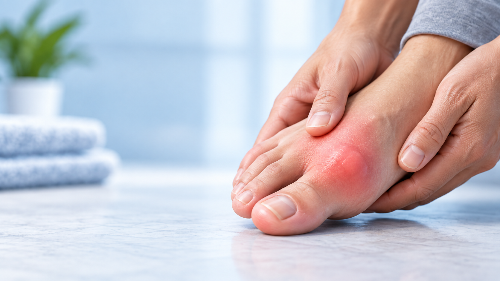 Close view of a painful swollen big toe joint during a gout flare.