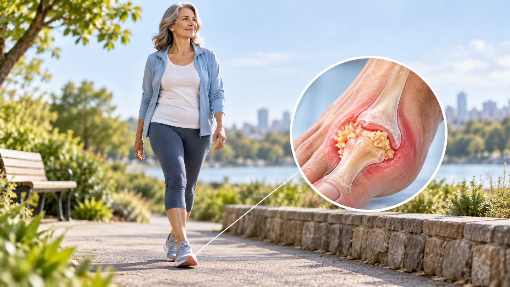 Woman in midlife walking outdoors with an inset illustration of gout inflammation in a foot joint.