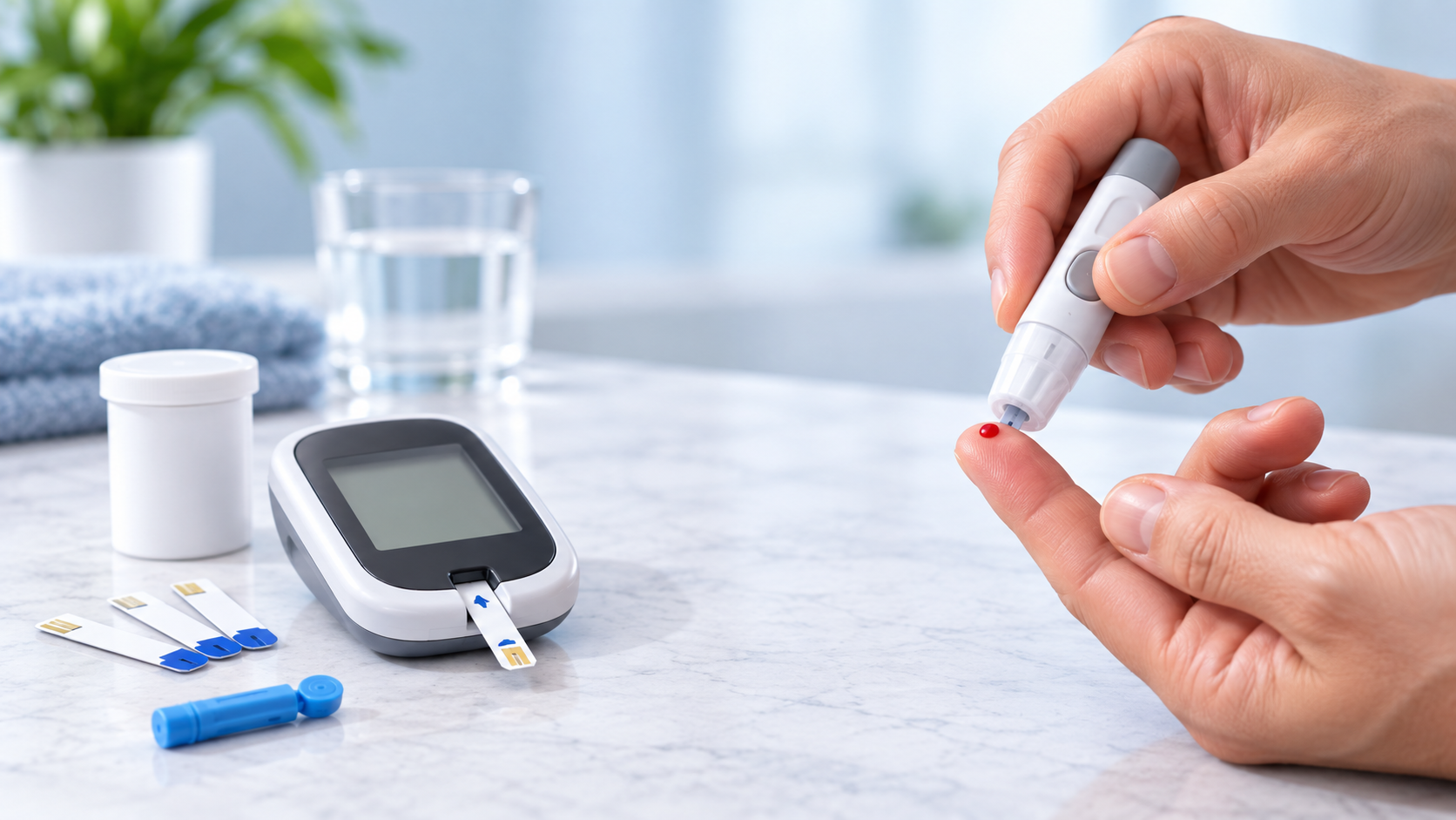 Home uric acid meter with test strips and finger-prick supplies on a table.