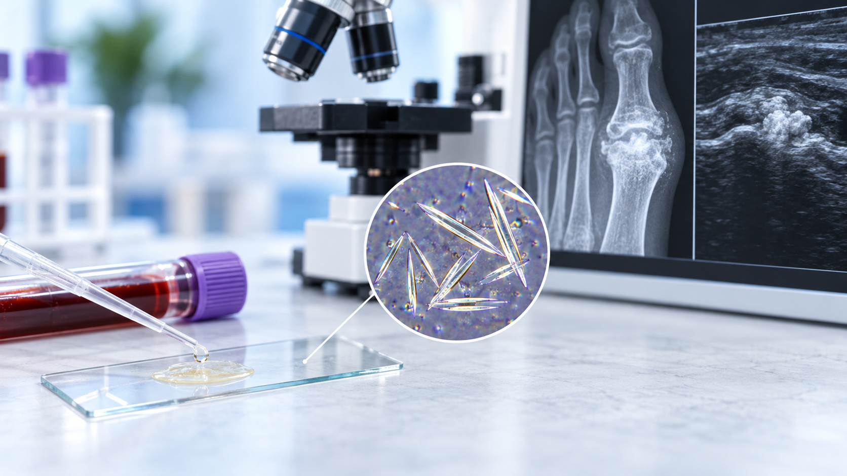 Clinical illustration showing gout diagnosis tools including a blood test joint fluid sample and imaging.