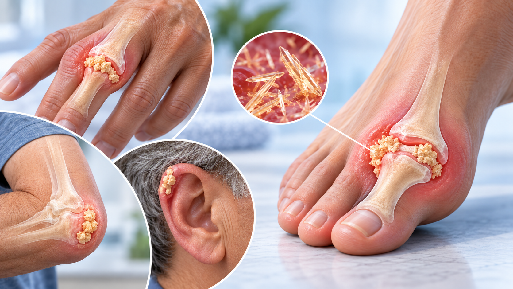 Medical illustration of several joints affected by gout.