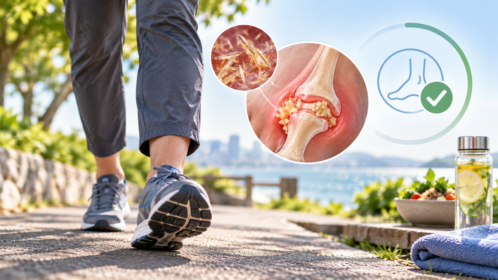 Person walking comfortably with a joint-health illustration representing long-term gout control.