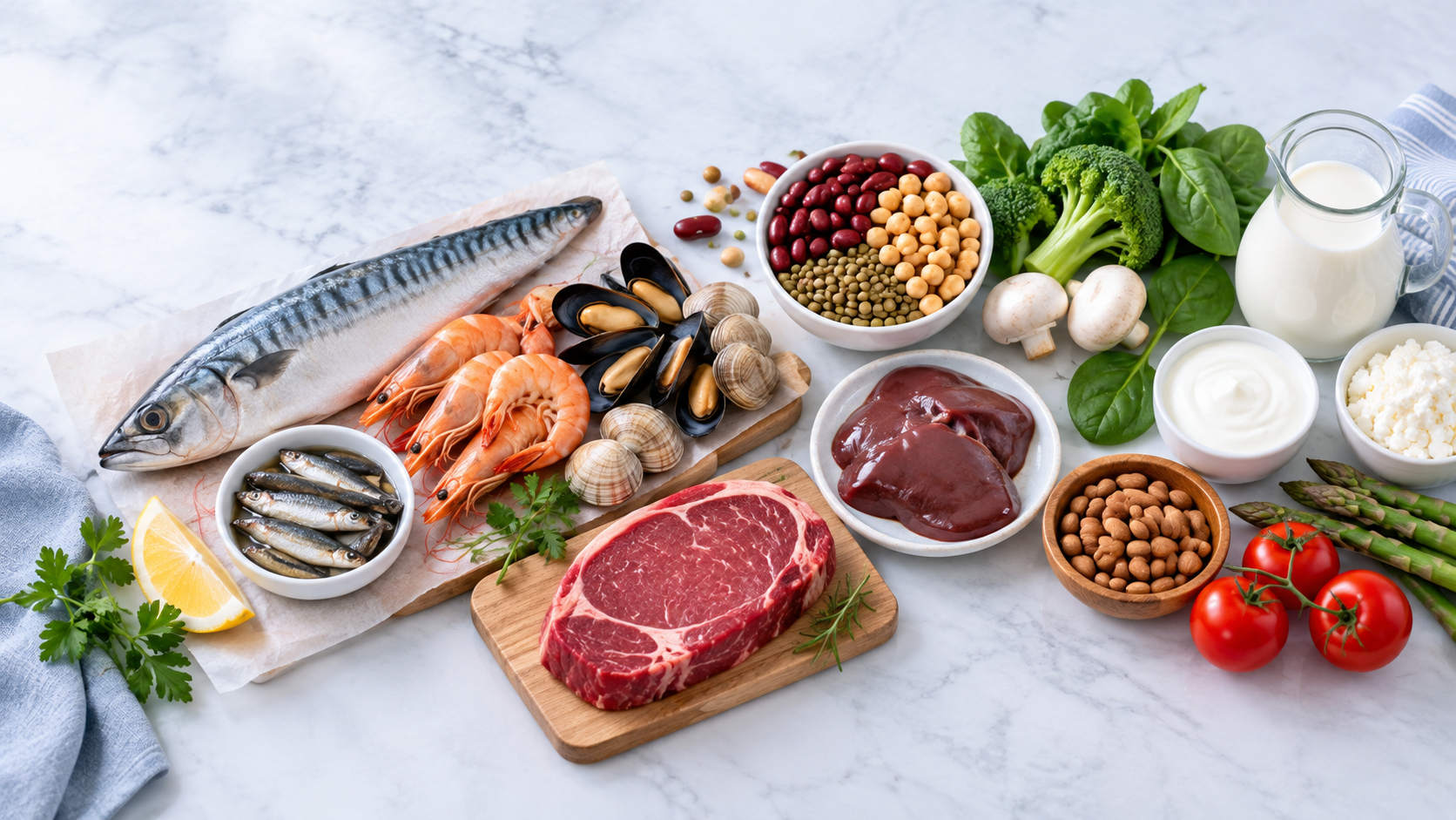 Foods used in a purine guide including meat seafood vegetables beans and dairy.