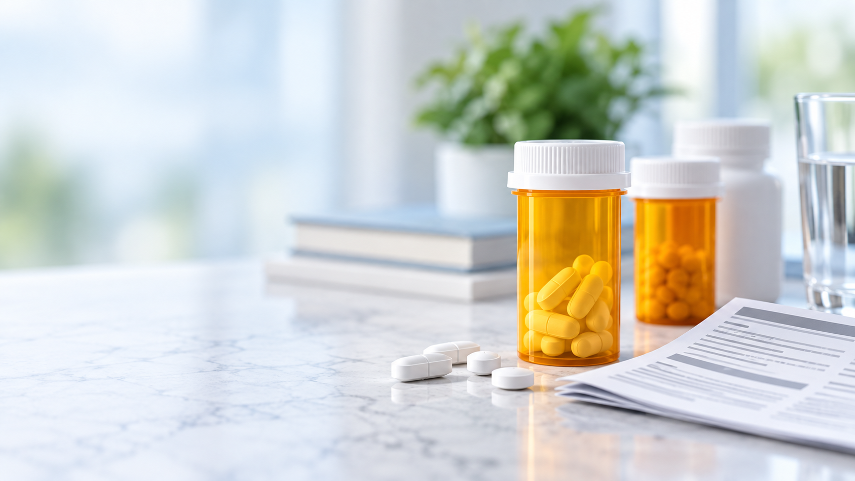 Generic prescription medications used in gout treatment arranged beside a medication information sheet.