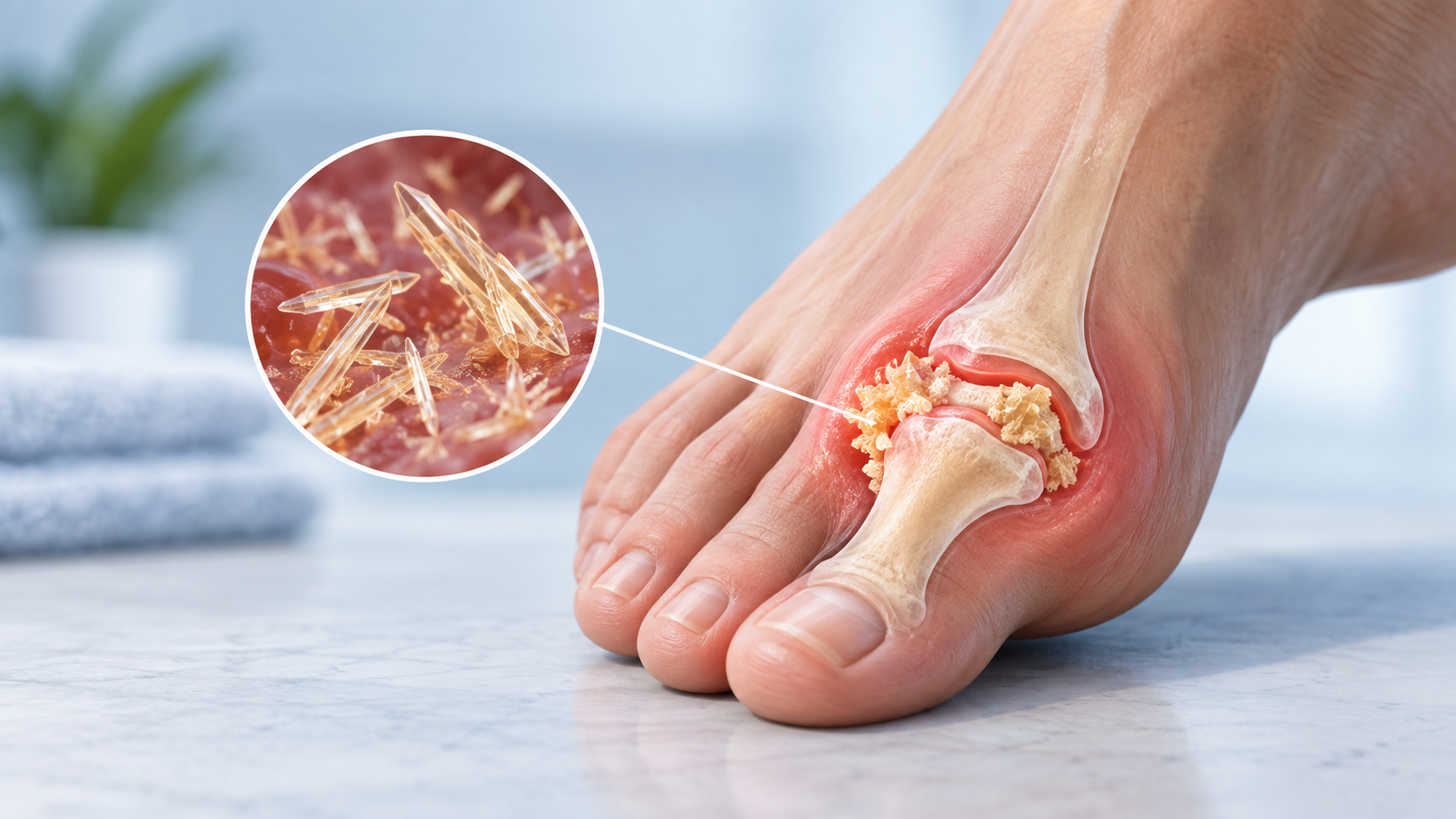 Illustration of uric acid crystals causing inflammation in the big toe joint showing how gout develops.